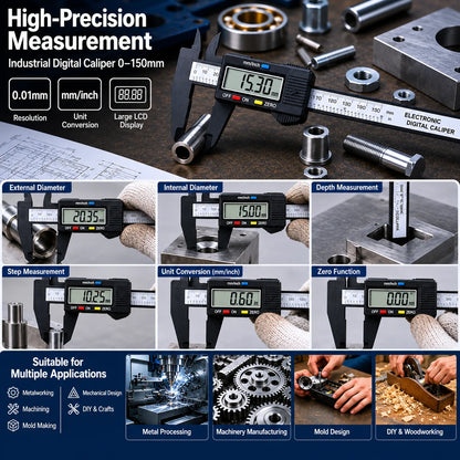 0-150mm Carbon Fiber Digital Vernier Caliper, Dual MM/INCH Unit, Measure Inner/Outer Diameter of Jewelry, Hardware Mechanical Pa