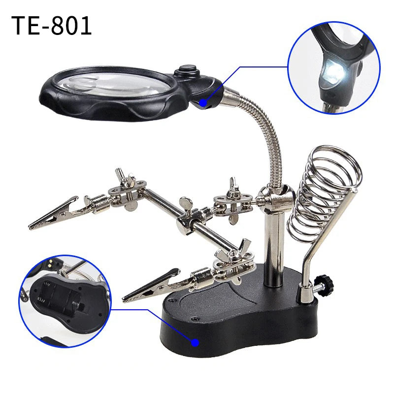 3 Hand Soldering Iron Stand Welding Tool With Magnifying Glass Illuminated LED Alligator Clip Holder Clamp Helping Repair