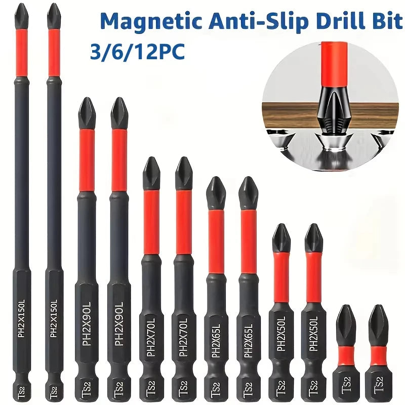 Magnetic Non-Slip Drill Bit Set 3/6/12 Pieces, S2 Steel, Crosshead and Impact Drill Bits, Suitable for Electric and Hand Drivers