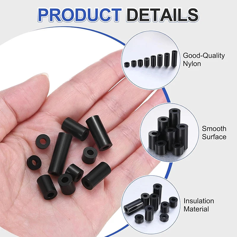 50-250 Pcs, Black Nylon Washers, 3.2mm ID 7mm OD 2-35mm Length Round Plastic Spacer Washer Standoff Non-Threaded for M3 Screws