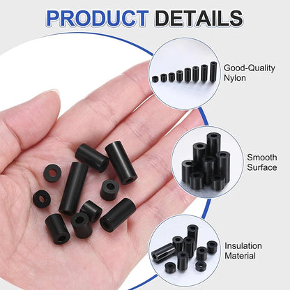 50-250 Pcs, Black Nylon Washers, 3.2mm ID 7mm OD 2-35mm Length Round Plastic Spacer Washer Standoff Non-Threaded for M3 Screws