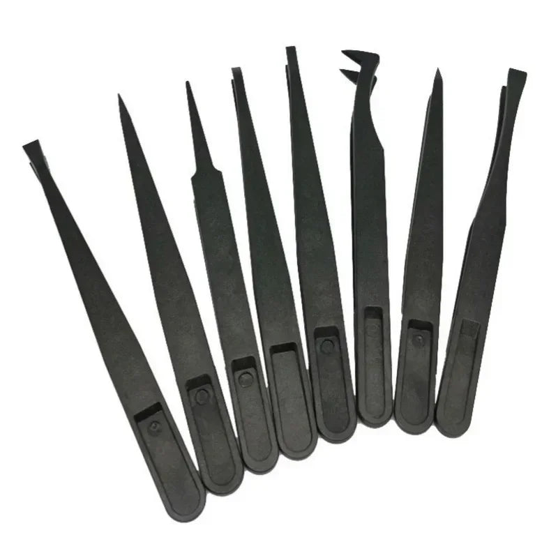 8PCS Flat Tip Anti-static Tweezer 11-12CM Black Flat Tip Plastic Antistatic Tweezers
