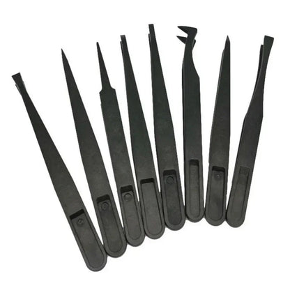 8PCS Flat Tip Anti-static Tweezer 11-12CM Black Flat Tip Plastic Antistatic Tweezers