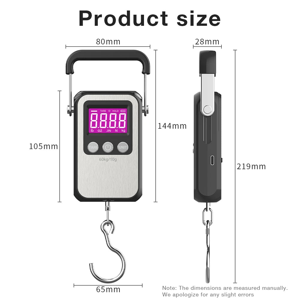 New 60kg/10g LCD Display USB Charging Digital Hanging Hook Scale Electronic Travel Luggage Scale Weighing Balance
