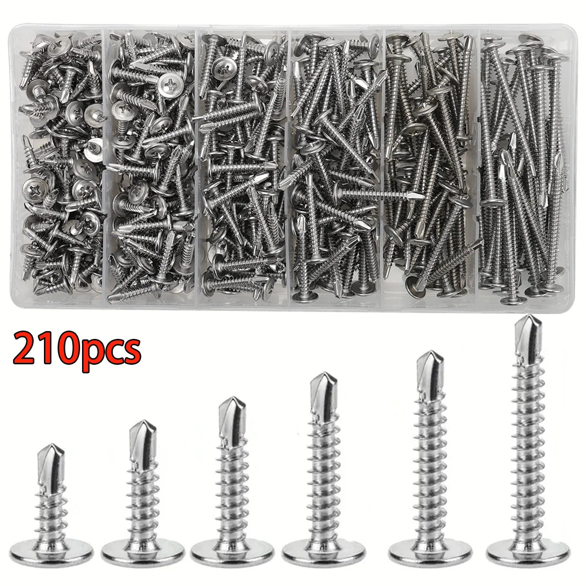 210pcs/410 Stainless Steel Cross Head Washer Self Drilling Screws, M4.2 Large Flat Head Self Tapping Self Drilling Screws, Self