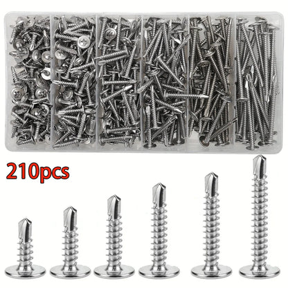 210pcs/410 Stainless Steel Cross Head Washer Self Drilling Screws, M4.2 Large Flat Head Self Tapping Self Drilling Screws, Self