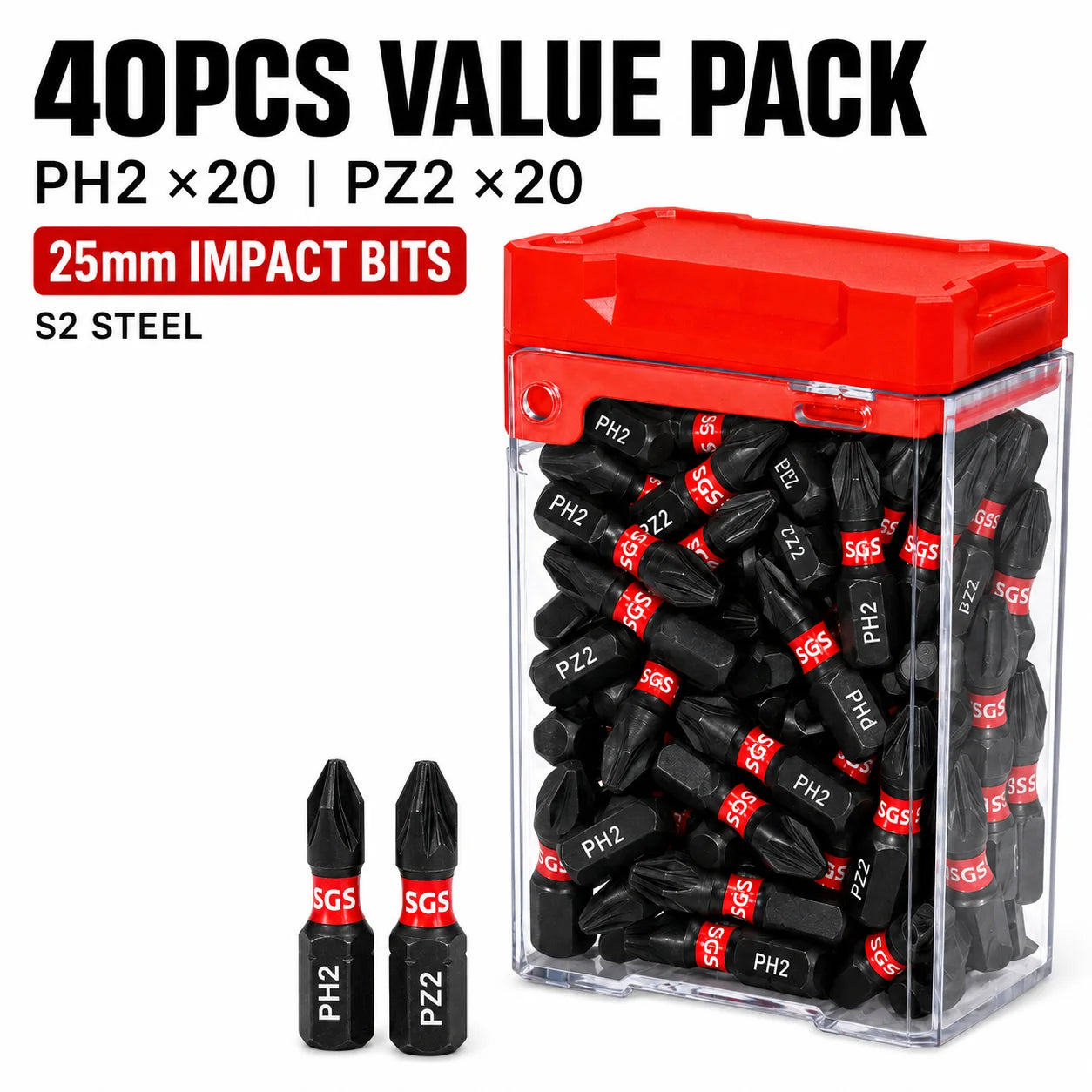 20/40PCS 25mm PH2 PZ2 Impact Screwdriver Bit Set S2 Steel Magnetic Phillips Pozidriv Bits 1/4 Hex Shank for Impact Driver Power Drill with Storage Box