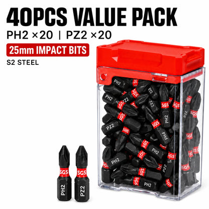 20/40PCS 25mm PH2 PZ2 Impact Screwdriver Bit Set S2 Steel Magnetic Phillips Pozidriv Bits 1/4 Hex Shank for Impact Driver Power Drill with Storage Box