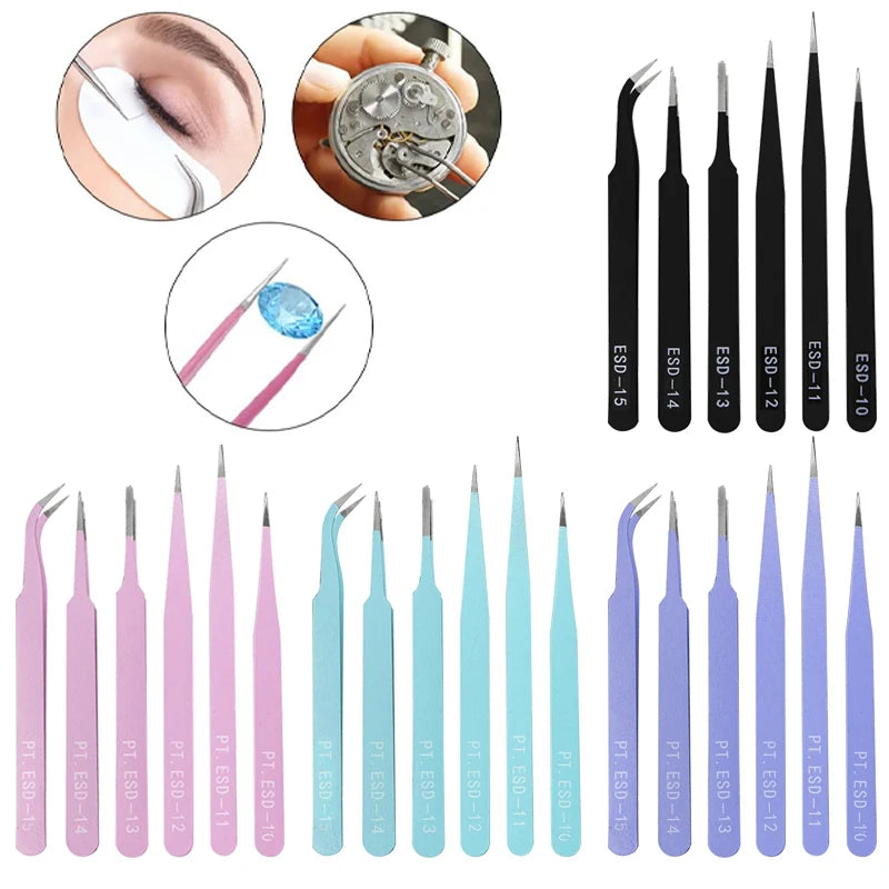 6 PCS Precision Tweezers Set ESD Anti-Static for Electronics Repair Straight Curved Industrial-Tweezer Craft Soldering Hand Tool