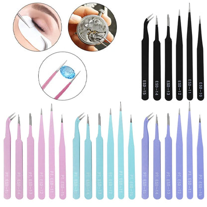 6 PCS Precision Tweezers Set ESD Anti-Static for Electronics Repair Straight Curved Industrial-Tweezer Craft Soldering Hand Tool