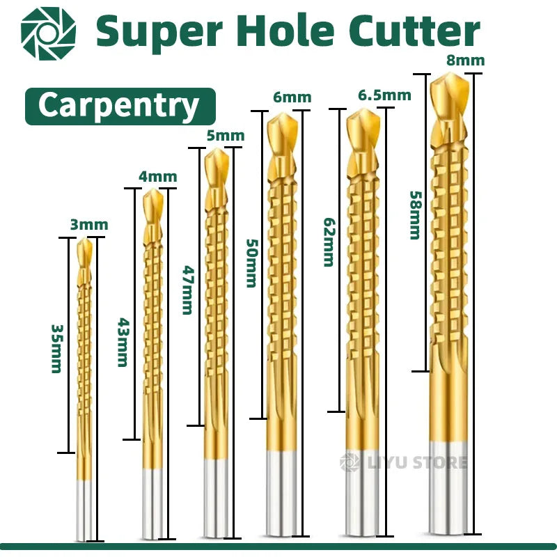 6 Pack Titanium Coated HSS Twist Drill Bits 3-8mm for Wood Metal