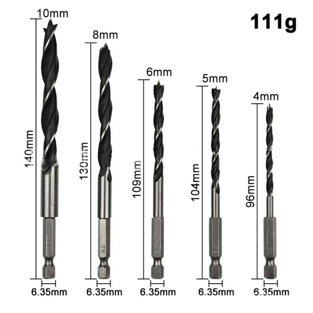 5PCS 4/5/6/8/10mm Three-pointed Woodworking Drill Power Tool High Carbon Steel Twist Dril Bit High Quality 1/4" Hex Shank