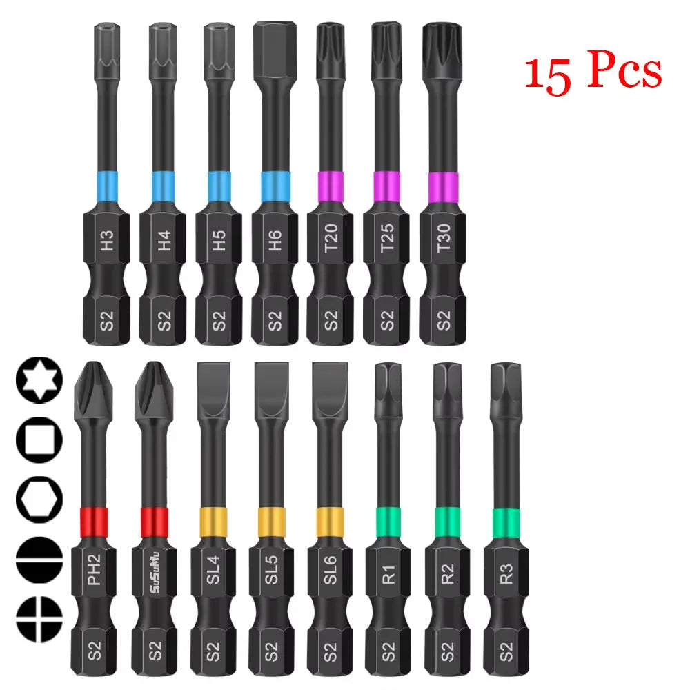 Rafford15PCS Magnetic Batch Head Impact Electric Screwdriver Bit Set Magnetic Case 5 Types S2 Head Bit Anti-slip Waterproof Bits