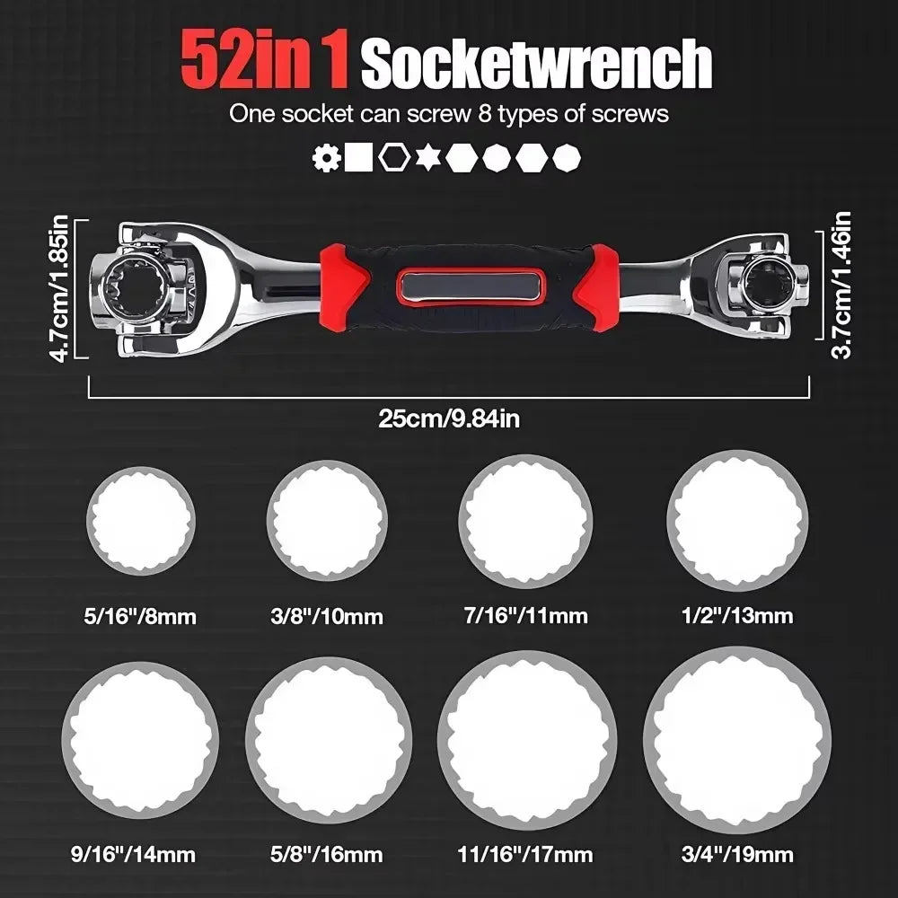 52-in-1 Multi-Functional Socket Wrench Set 360 Degree Rotating Dog Bone Design Universal Spline Wrench 8-19mm Heavy Duty Hardware Tool for Car Auto Repair Bicycle Motorcycle Maintenance