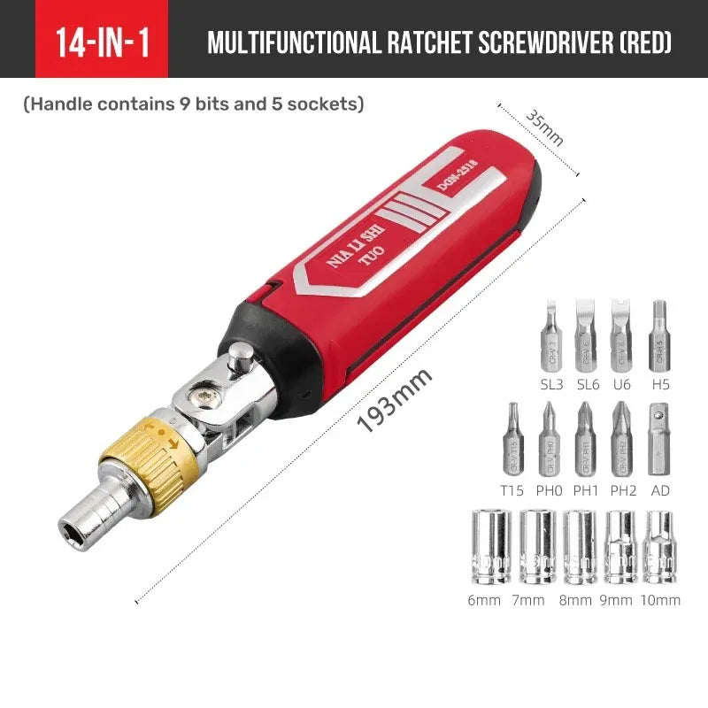 14 in 1 Multi-Function Rotary Ratchet Screwdriver Set Magnetic Bit Kit Portable Hand Repair Tool for Home DIY