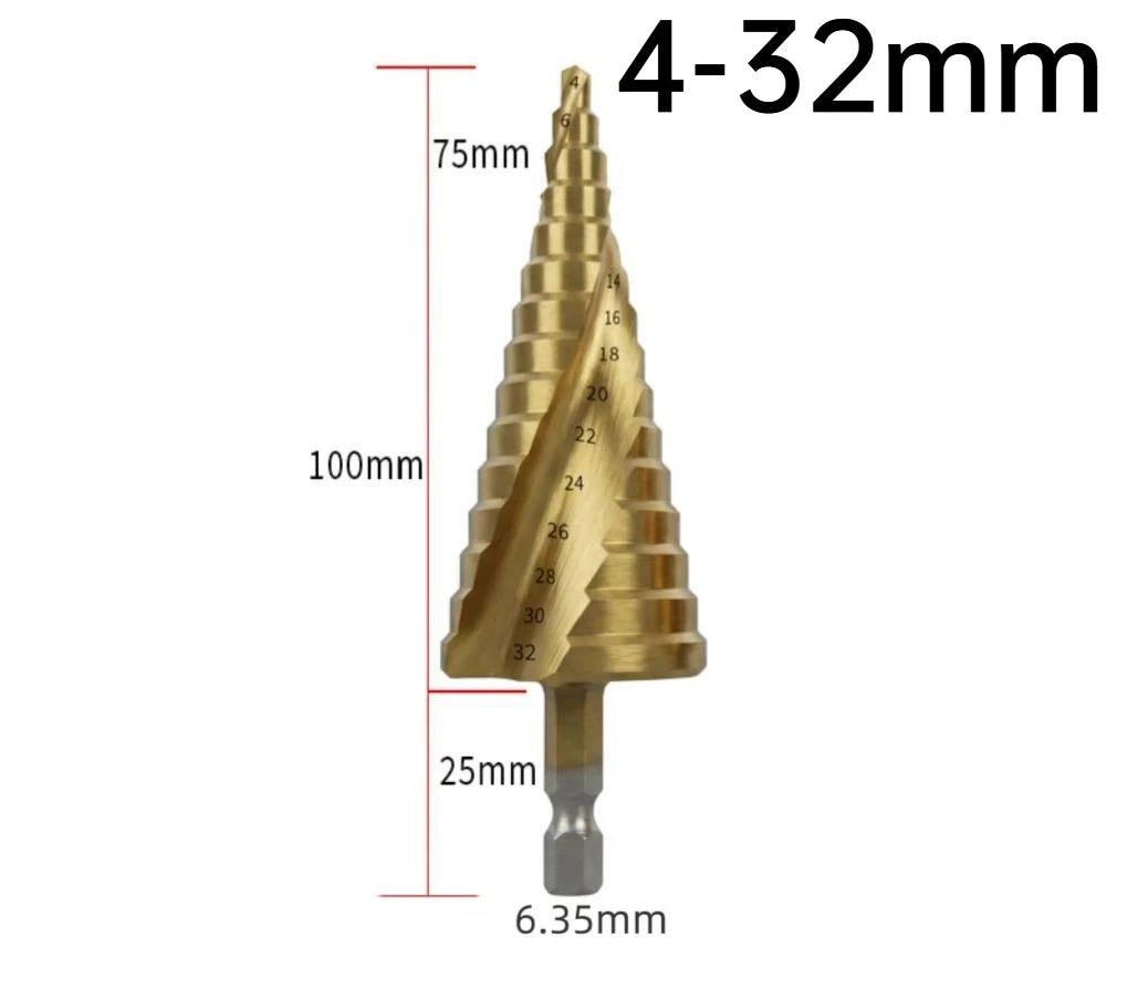 4-12/4-20/4-32mm Spiral Grooved Step Drill Bits HSS Titanium Coated Drill Hex Shank Cutting Tool for Wood, Stainless Steel,Metal