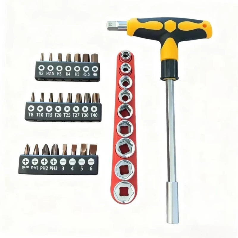 Screwdriver Set with T-Shape Cross and Straight Slot Hexagon and Plum-Shaped Heads Plus Socket Set for DIY Lovers