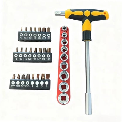 Screwdriver Set with T-Shape Cross and Straight Slot Hexagon and Plum-Shaped Heads Plus Socket Set for DIY Lovers