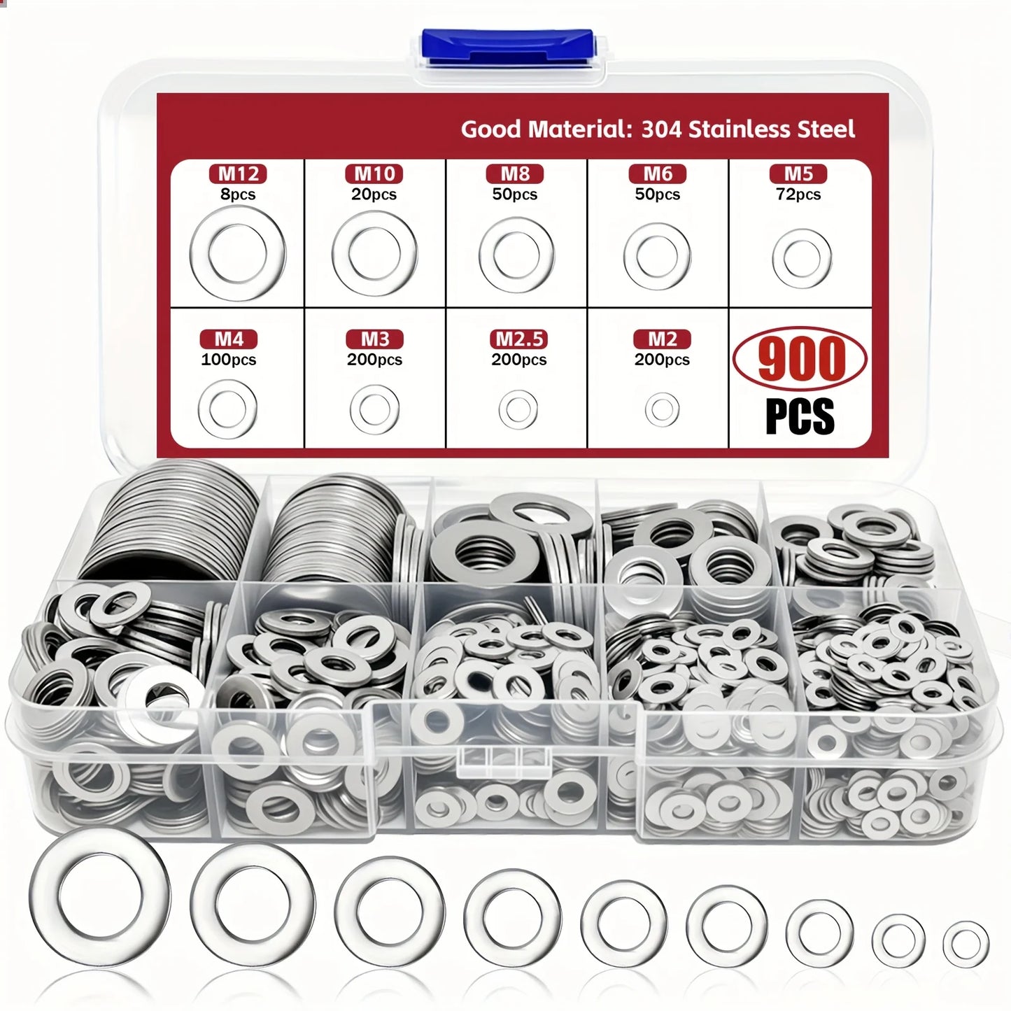 900 - Piece 304 Stainless Steel Washer Set, Made of Durable Material, Polished and Electroplated, Won't Damage the Surface of Fa