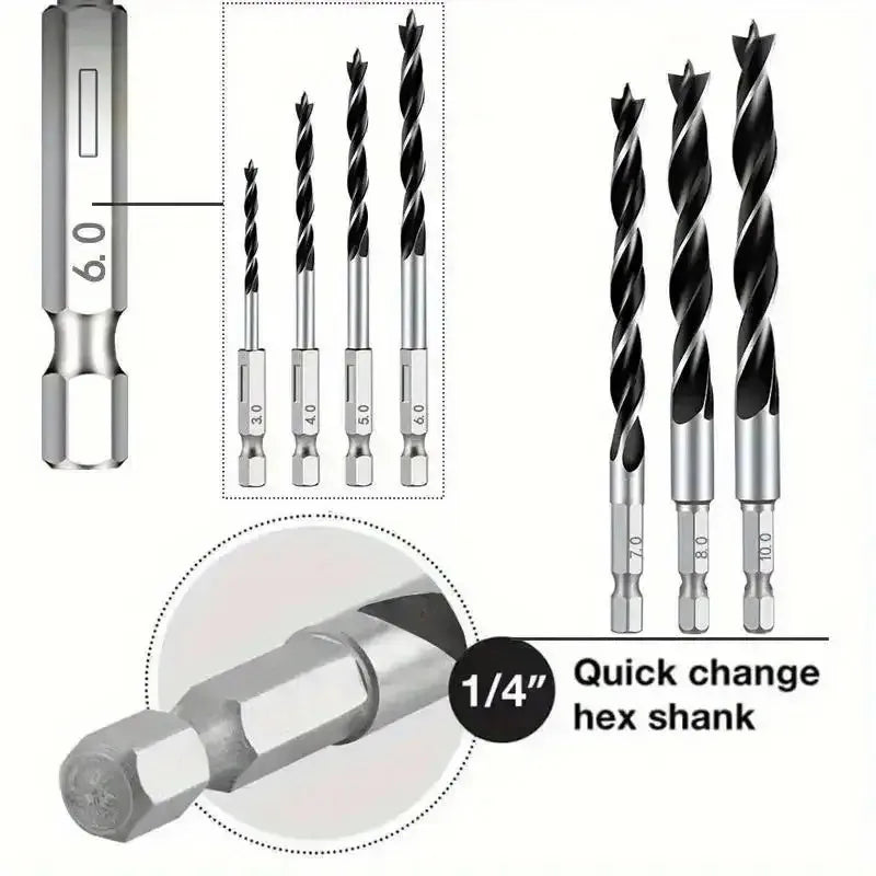 8PCS-3/4/5/6/7/8/9/10mm 1/4Hexagonal Handle Three-Point Positioning Woodworking Drill Bit