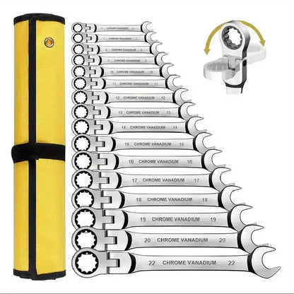 5pcs Flex Head Ratchet Wrench Set, Metric, Chrome Vanadium Steel Combination Spanner Key Wrench Kits Hardware Hand Tool