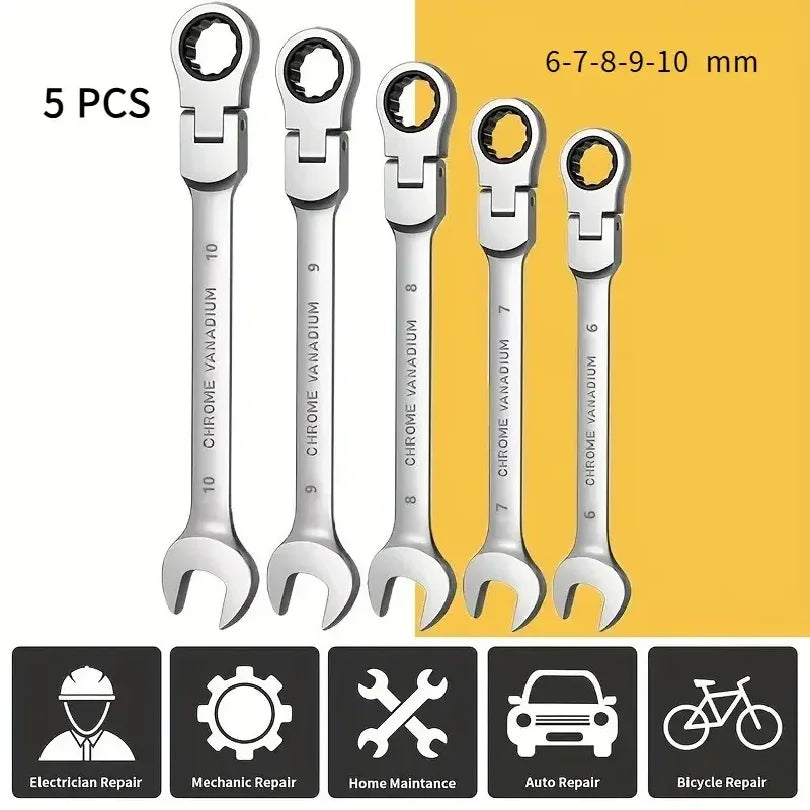 5pcs Flex Head Ratchet Wrench Set, Metric, Chrome Vanadium Steel Combination Spanner Key Wrench Kits Hardware Hand Tool