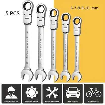 5pcs Flex Head Ratchet Wrench Set, Metric, Chrome Vanadium Steel Combination Spanner Key Wrench Kits Hardware Hand Tool