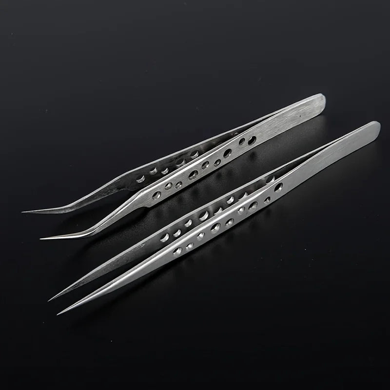 Stainless Steel Precision Tweezers，Straight & Curved Tip with Vent Holes, Anti-Slip Fine Point Tweezers for Electronics Repair