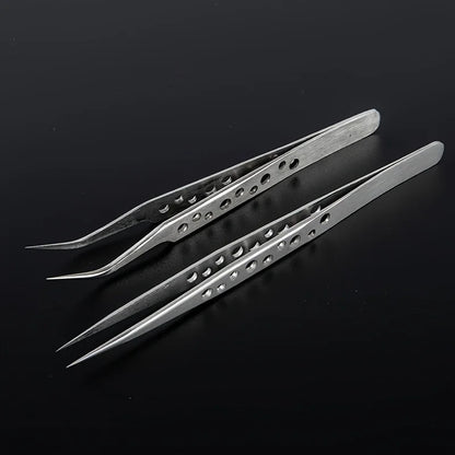 Stainless Steel Precision Tweezers，Straight & Curved Tip with Vent Holes, Anti-Slip Fine Point Tweezers for Electronics Repair