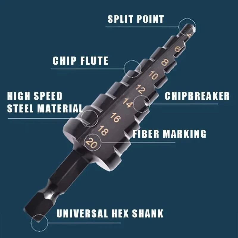 3Pcs Straight Groove Step Drill Bit Set Nitride Black Hex Core 3-12mm 4-12mm 4-20mm for Wood Metal Hole Cutting Tools