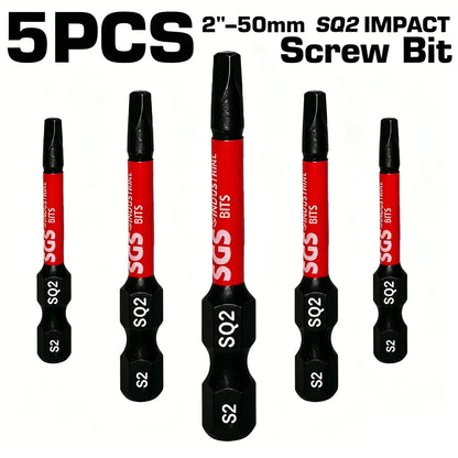 5/10 Pieces Pack 50mm Sq2 Square Head Impact Bits S2 Steel High Hardness Magnetic Anti-Slip Bits for Woodworking and Decoration