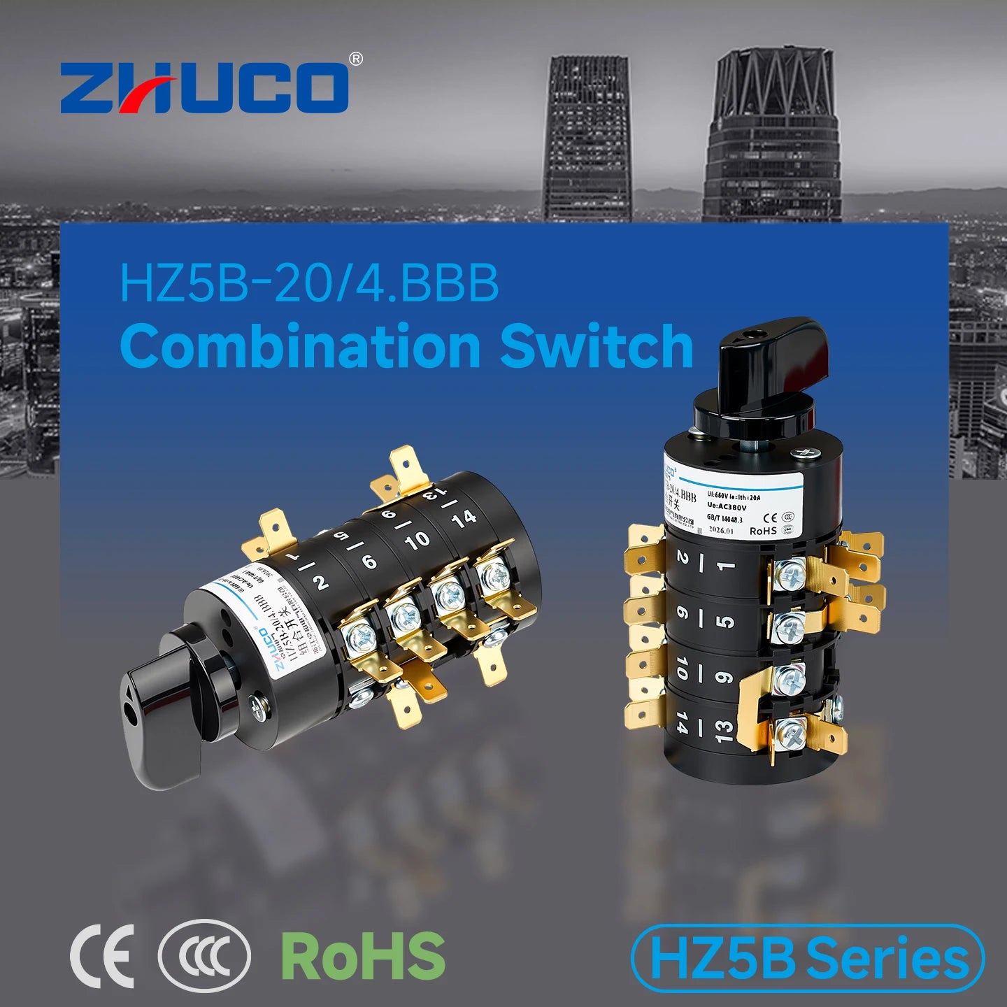 HZ5B-20/4.BBB 7-Position 4-Pole Combination ChangeOver Switch With Knob Handle Common Rotary Cam Switch Power Tool Parts
