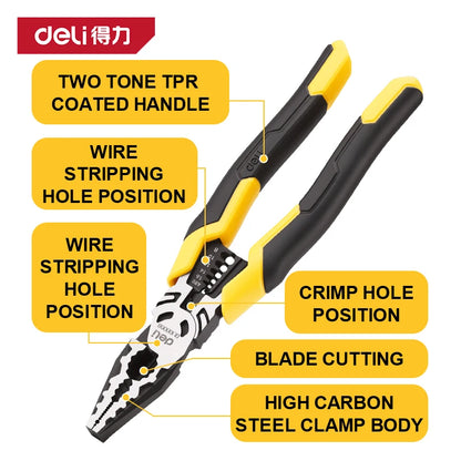 Deli Industrial Grade Wire Pliers Sharp Large Opening Multifunctional Stripping Pliers Manual Hardware Tools