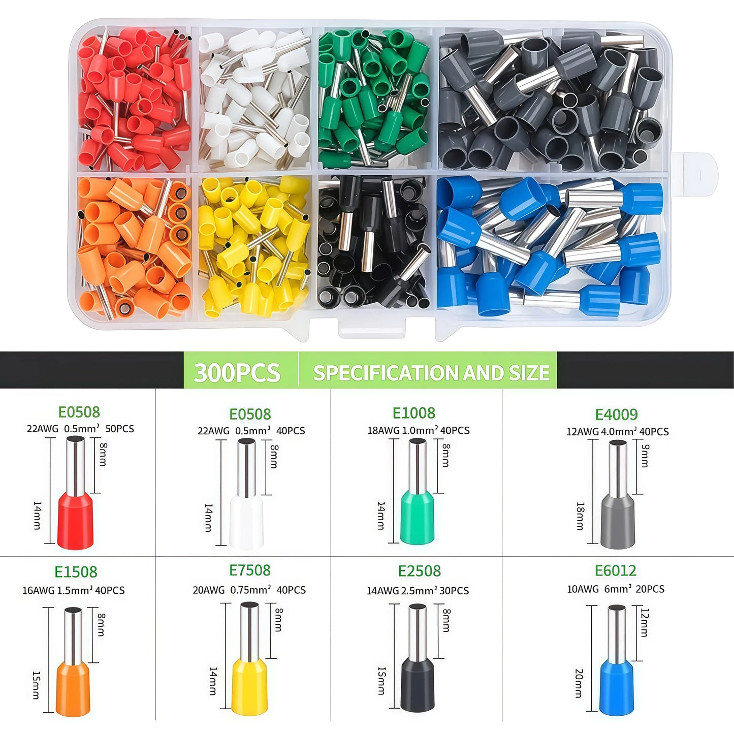 HSC8 6-4 Hexagonal Crimping Pliers with 300 PCS Multi-Specification Insulated Wire Ferrules Terminals Box Kit for Electrical Wir