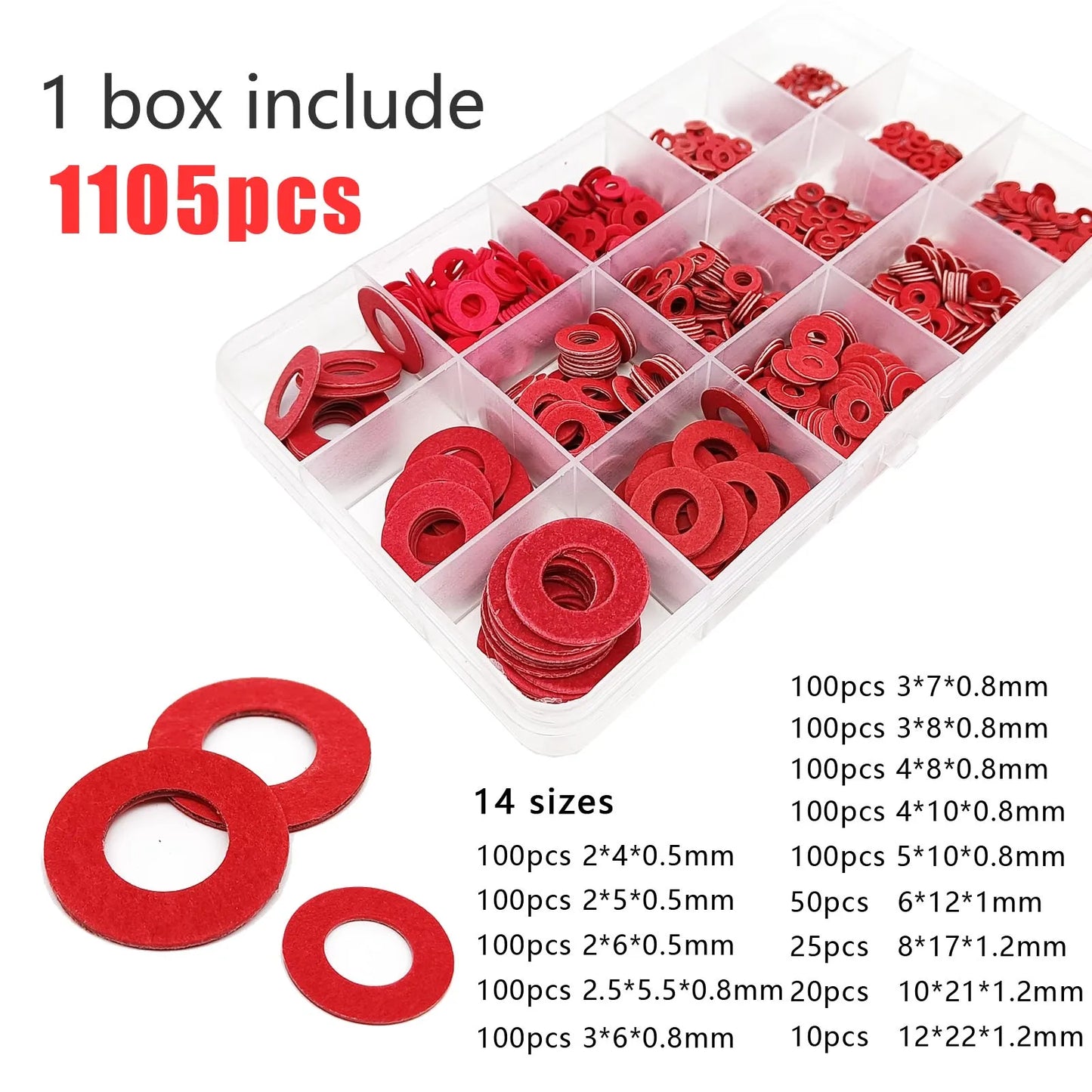 415/1105pcs M2 M2.5 M3 M4 M5 M6 M8 M10 M12 Red Steel Paper Flat Washer Plain Insulated Gasket Ring Pad Assortment Kit Set Box