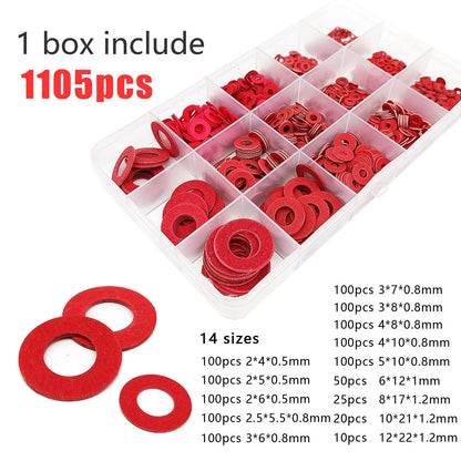 415/1105pcs M2 M2.5 M3 M4 M5 M6 M8 M10 M12 Red Steel Paper Flat Washer Plain Insulated Gasket Ring Pad Assortment Kit Set Box