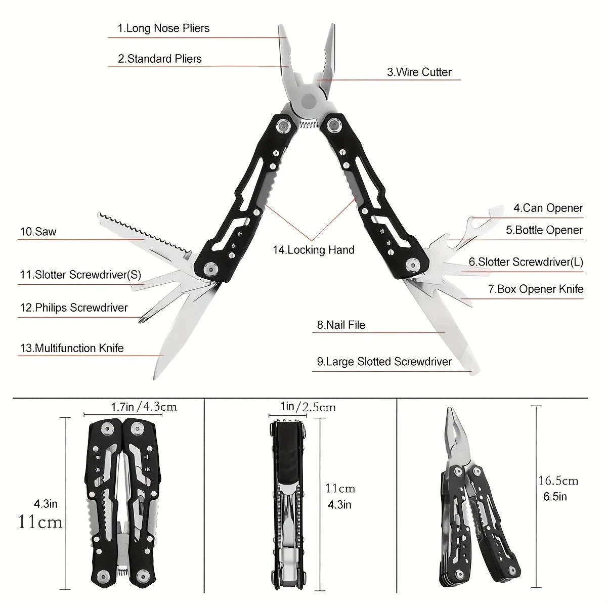 Multitool Pliers with Safety Locking, Stainless Steel Multitool Pliers Pocket Knife, Specially Bottle Opener, Screwdriver