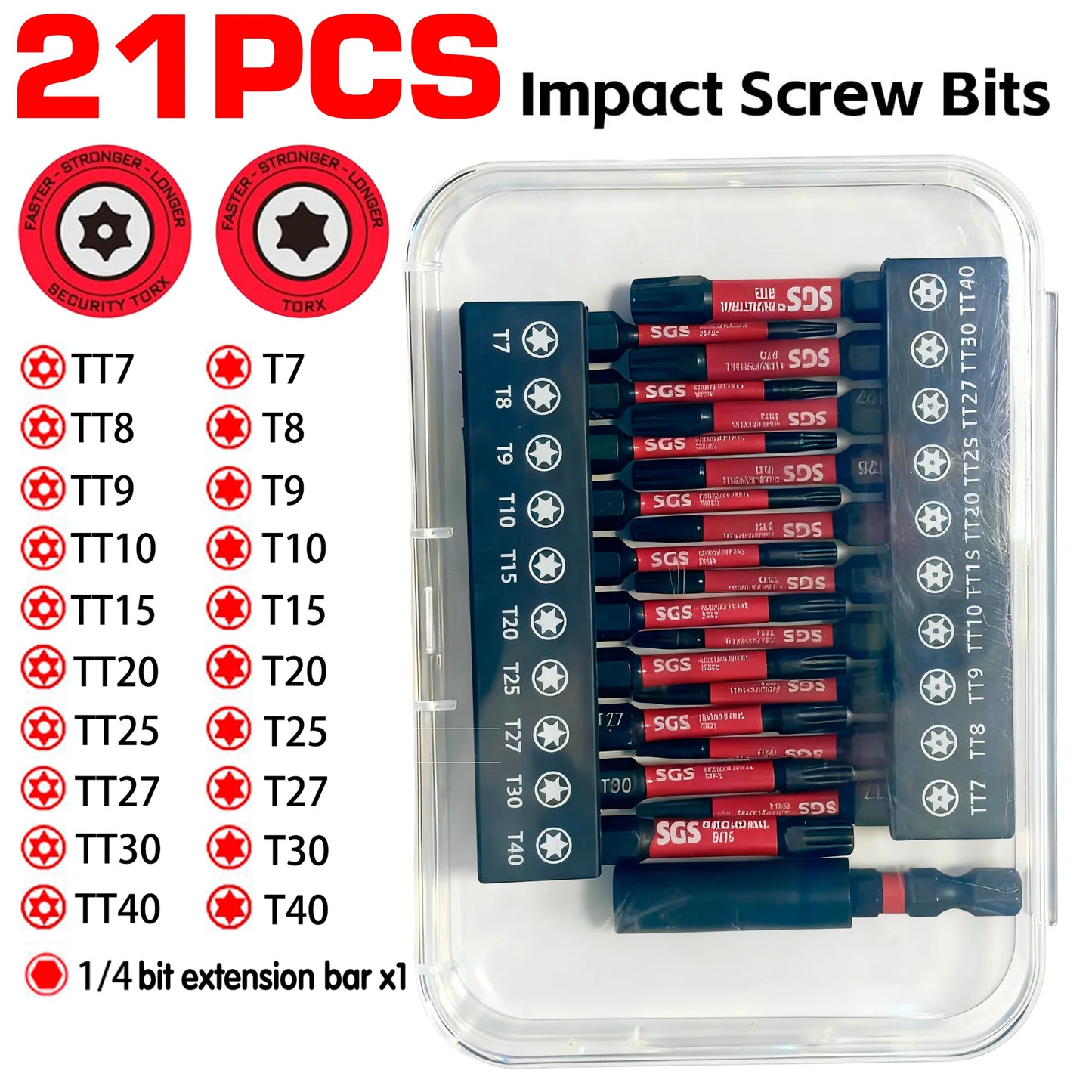 21-Piece Bit Set S2 Industrial-Grade Steel, 50mm Length, Torx/Hollow Torx 60mm Extension Rod, Impact-Resistant and Deformation-Resistant, Transparent Storage Box, Easy to Carry, Suitable for Outdoor Assembly, Hardware Repair