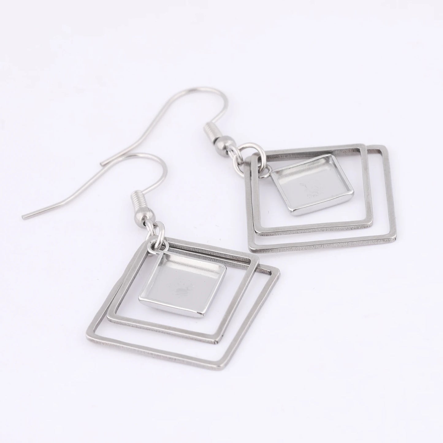 10pcs Stainless Steel Double Hoop Earring Base Blanks Fit 8mm Square Cabochon Earrings Bezel Settings Diy Hooks Findings