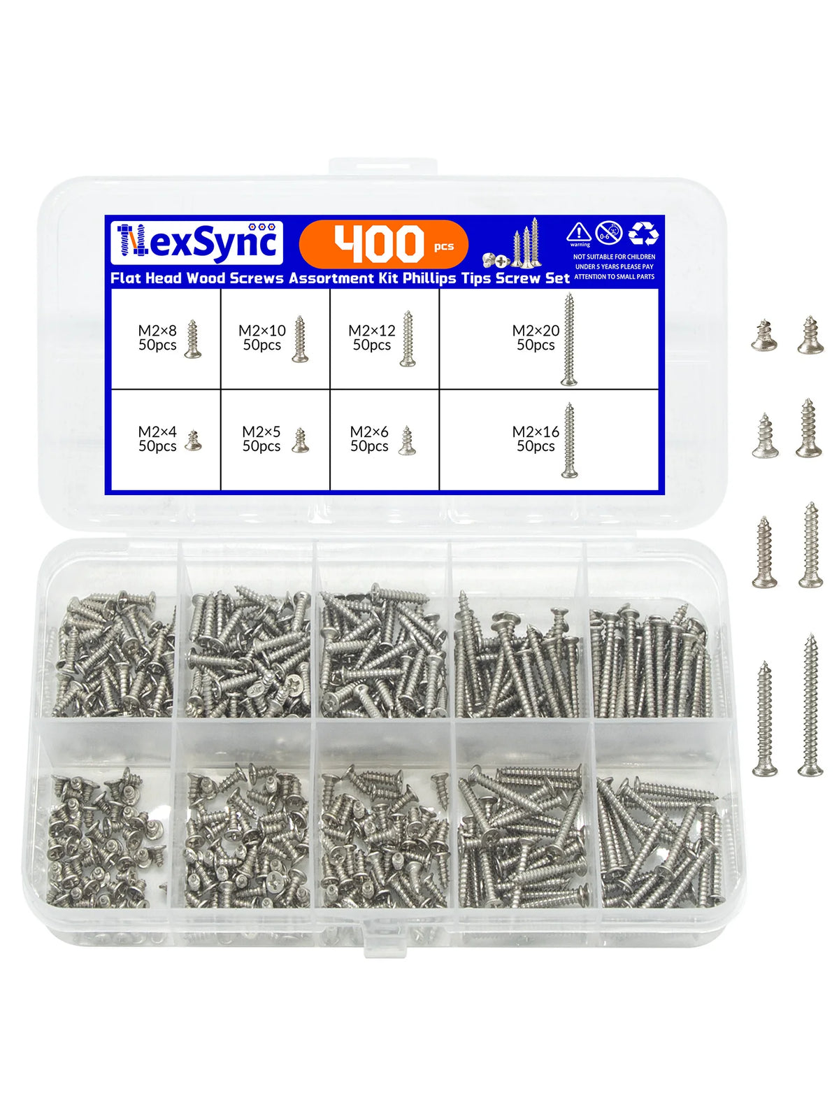 400pcs Flat Head Wood screws Assortment kit Phillips Tips screw set M2x4mm-20mm Self-tapping Screws Wood Screw