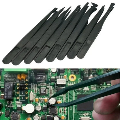 8PCS Flat Tip Anti-static Tweezer 11-12CM Black Flat Tip Plastic Antistatic Tweezers