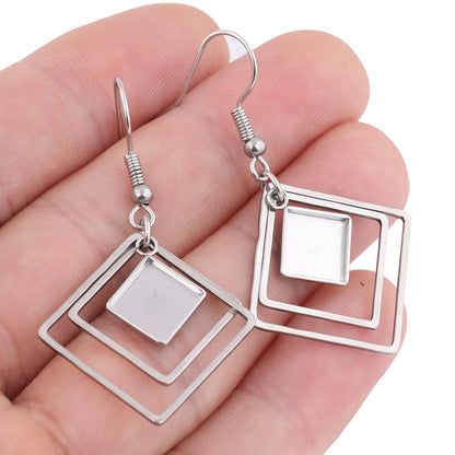 10pcs Stainless Steel Double Hoop Earring Base Blanks Fit 8mm Square Cabochon Earrings Bezel Settings Diy Hooks Findings