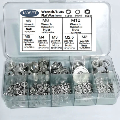 180Pcs Stainless Steel Locking Flat Washers/Spring Washers/Nut Combination Kit, M2 M2.5 M3 M4 M5 M6 M8 M10 Locking Spring Washers, Flat Washers and Nuts Hardware Tool Set, Stainless Steel Anti-Slip Fasteners Multi-Combination Set
