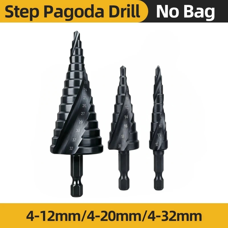 4-12/4-20/4-32mm Spiral Grooved Step Drill Bits HSS Titanium Coated Drill Hex Shank Cutting Tool for Wood, Stainless Steel,Metal