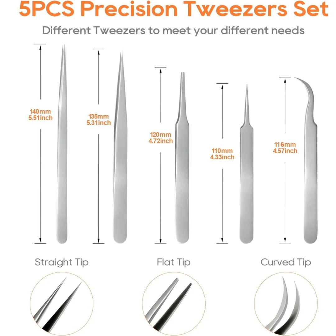 6PCS 1.5mm Thick Precision Tweezers Set, Stainless Steel Anti-Static Tweezers, Silver/Black Optional, for Electronics Repair, Je