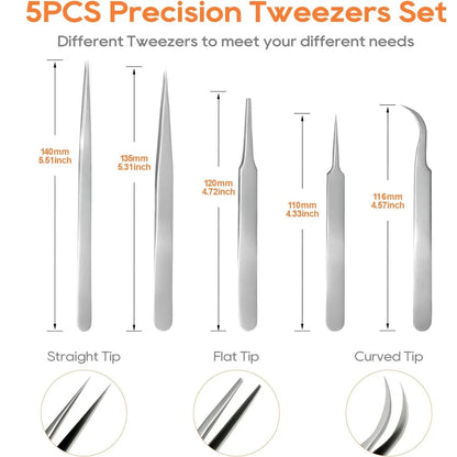 6PCS 1.5mm Thick Precision Tweezers Set, Stainless Steel Anti-Static Tweezers, Silver/Black Optional, for Electronics Repair, Je