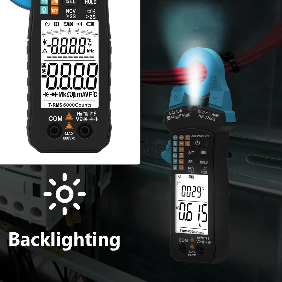 Digital AC/DC Clamp Meter 60A Auto Select Multimeter 6000 Counts True RMS NCV Live Wire Tester with Temperature for Electrical