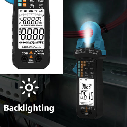 Digital AC/DC Clamp Meter 60A Auto Select Multimeter 6000 Counts True RMS NCV Live Wire Tester with Temperature for Electrical