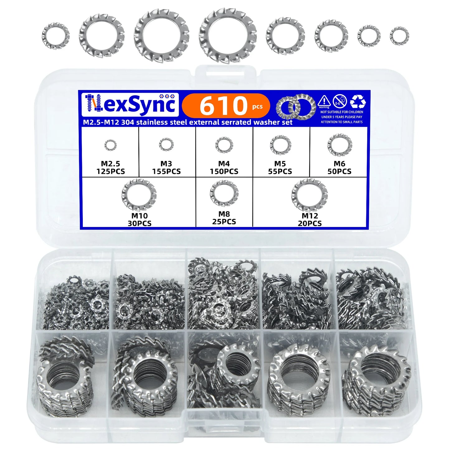 610Pcs 304 Stainless Steel External Tooth Lock Washers, Anti-Vibration Anti-Loose Fastener Kit for Secure Assembly