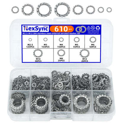 610Pcs 304 Stainless Steel External Tooth Lock Washers, Anti-Vibration Anti-Loose Fastener Kit for Secure Assembly